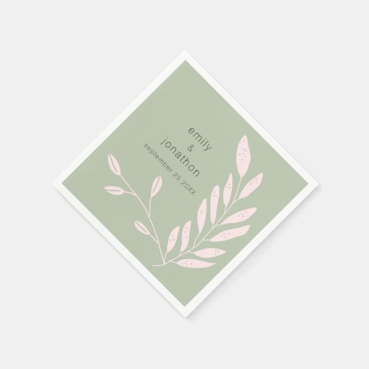 Serviette En Papier Noms Feuilles roses Date Mariage Sage Green (Coin)