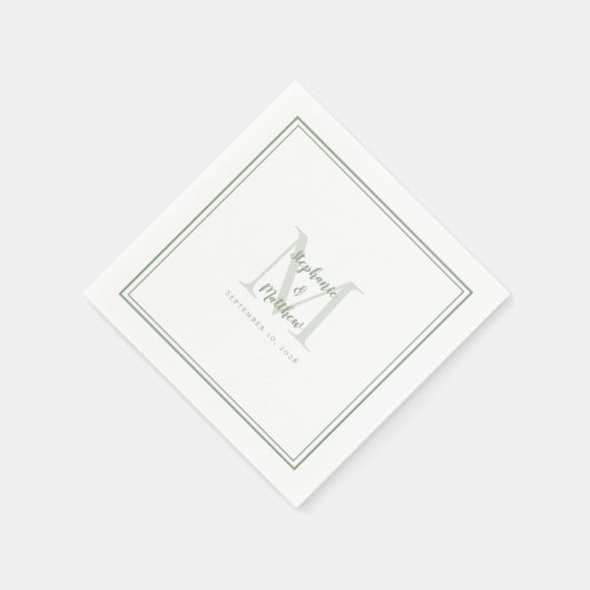 Serviette En Papier Noms Mariages modernes et date Monogramme Sage Ver (Coin)