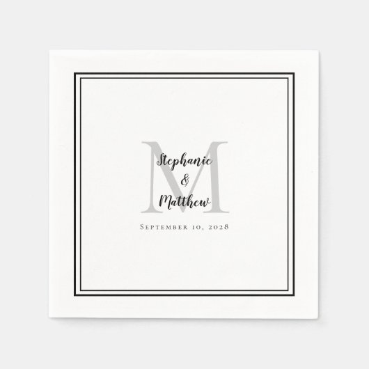 Serviette En Papier Noms Mariages modernes et Monogramme gris noir (Devant)