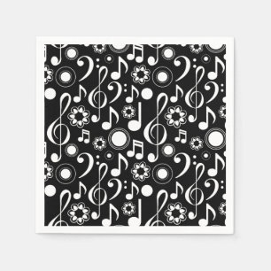 Serviette En Papier Notes de musique et clefs - blanc sur le noir