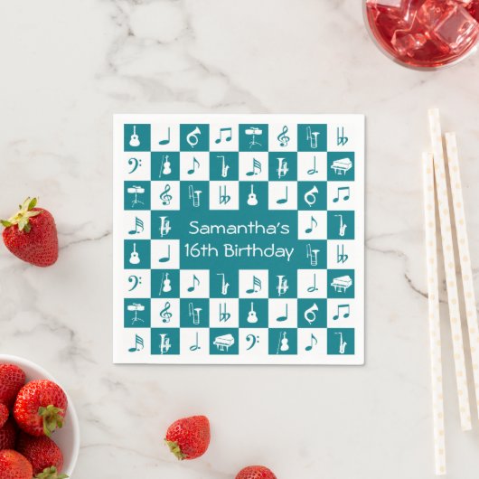 Serviette En Papier Notes et instruments de musique turquoise et blanc (En situation)