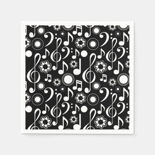 Serviette En Papier Notes musicales et Clefs - Blanc sur noir (Devant)