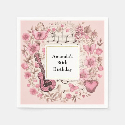 Serviette En Papier Notes musicales et fleurs Style rétro Anniversaire (Devant)