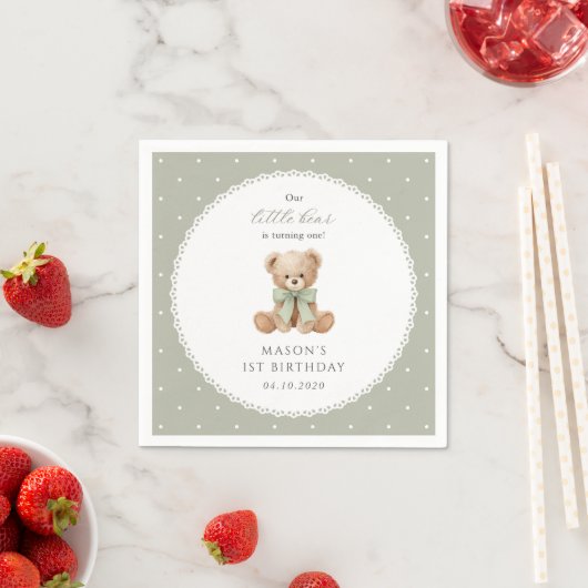 Serviette En Papier Nounours, Arc, Points verts, Premier Anniversaire (En situation)