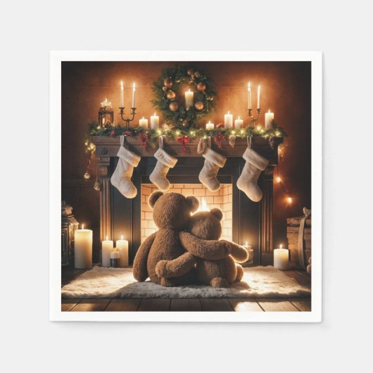Serviette En Papier Nounours Devant Une Cheminée De Noël (Devant)