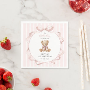Serviette En Papier Nounours en peluche, Nœud rose, Rayures roses, Pre