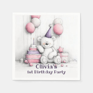 Serviette En Papier Nounours ours en peluche rose pour 1er anniversair
