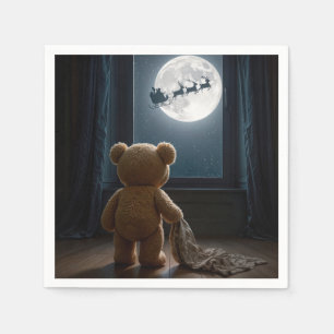 Serviette En Papier Nounours regardant le Père Noël et les rennes