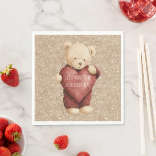 Serviette En Papier Nounours rouge cœur paillettes dorées