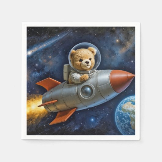 Serviette En Papier Nounours volant dans une fusée (Devant)