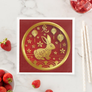 Serviette En Papier Nouvel An chinois 2023 Lapin Dîner Rouge Or