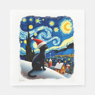 Serviette En Papier Nuit étoilée Chapeau de Noël Festif Chat Noir Père