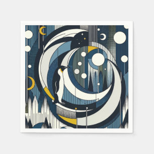 Serviette En Papier Nuit géométrique bleu marine avec lune et pingouin
