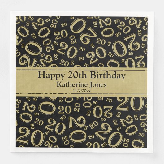 Serviette En Papier Numéro du 20e anniversaire Motif Or/Noir (Devant)