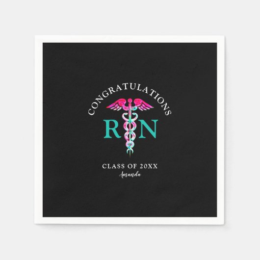 Serviette En Papier Nurse RN Black Rose Turquoise Graduation Party (Devant)