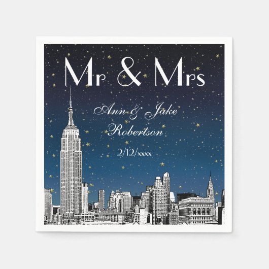 Serviette En Papier NYC Skyline bleu étoilé Mariage no 2 (Devant)