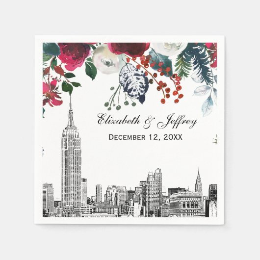 Serviette En Papier NYC Skyline ESB Etch Burgundy Grn Floral Watercoln (Devant)