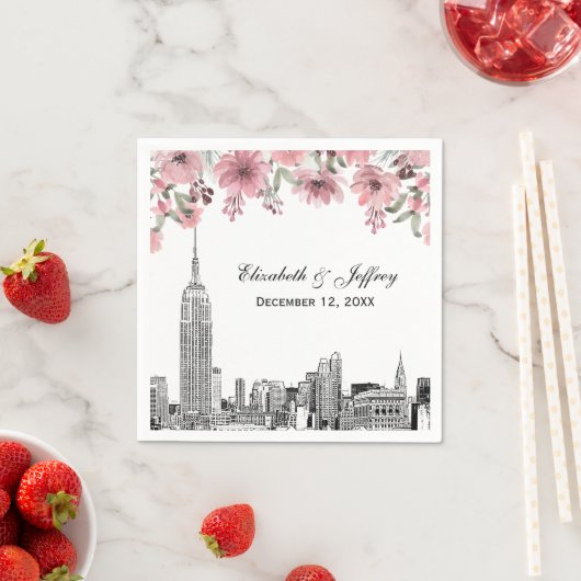 Serviette En Papier NYC Skyline ESB Etch rose Floral Aquarelle (En situation)