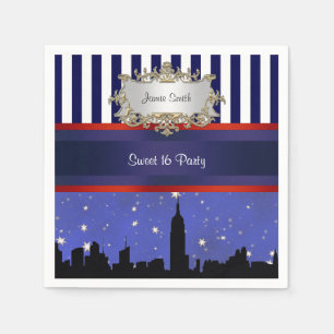 Serviette En Papier NYC Skyline Sil Blue Sky2 Blue Wht Strp Sweet 16