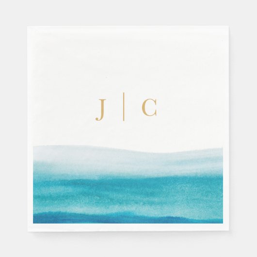 Serviette En Papier Océan Aquarelle Or Initiales Plage Mariage (Devant)