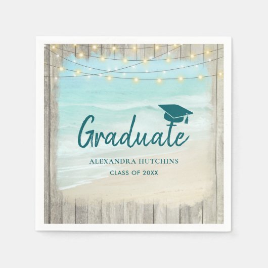Serviette En Papier Ocean Beach Rustic Wood Lights Graduation Party (Devant)