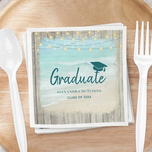 Serviette En Papier Ocean Beach Rustic Wood Lights Graduation Party