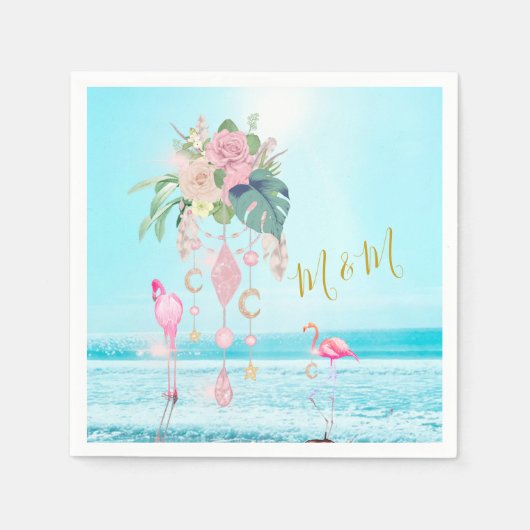 Serviette En Papier Océan Flamant rose Floral Bijoux rose (Devant)