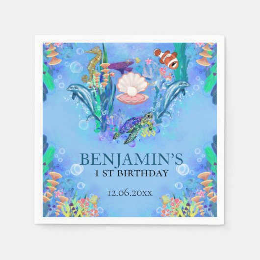 Serviette En Papier Ocean Sea Animaux Wild One fête d'anniversaire (Devant)