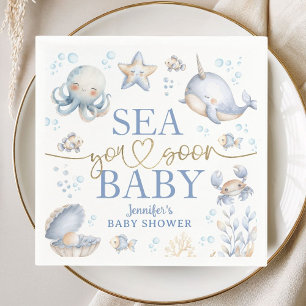 Serviette En Papier Océan Sea You Soon Baby Shower Garçon Papier Bleu