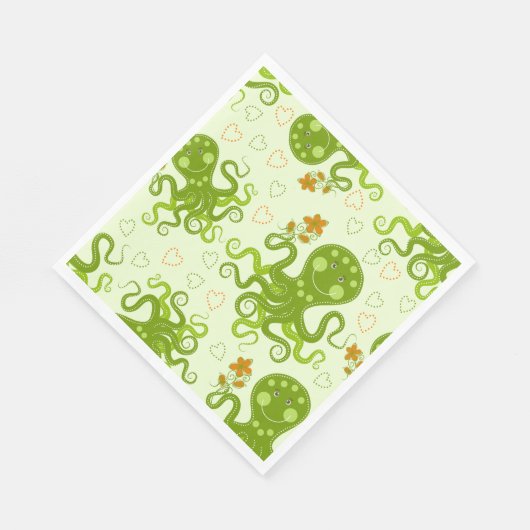 Serviette En Papier Octopes Vertes Avec Fleurs (Coin)