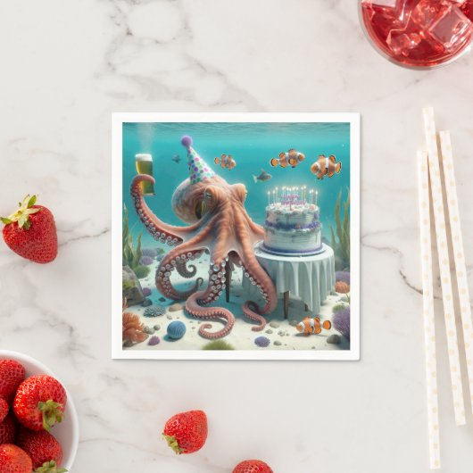 Serviette En Papier Octopus d'anniversaire avec une bière (En situation)
