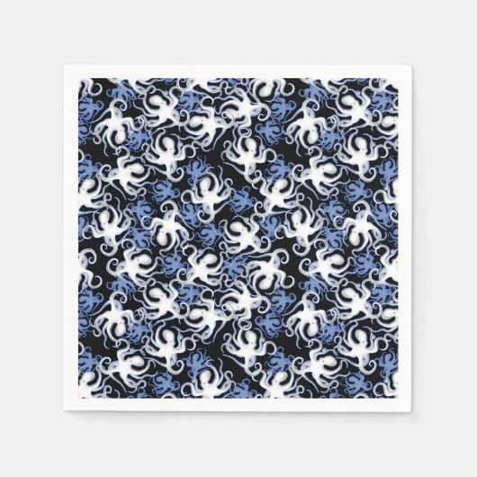 Serviette En Papier Octopus noir, blanc et bleu Motif sans couture (Devant)