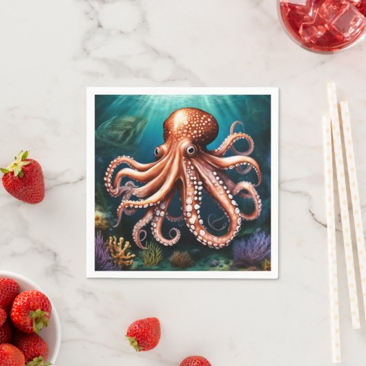 Serviette En Papier Octopus Portrait Océan (En situation)