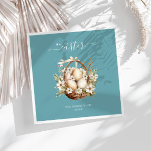 Serviette En Papier OEufs Fleurs de printemps Turquoises Joyeux Pâques