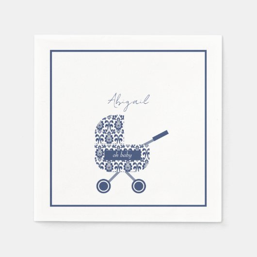 Serviette En Papier Oh Baby Navy Damask Pram Baby shower (Devant)