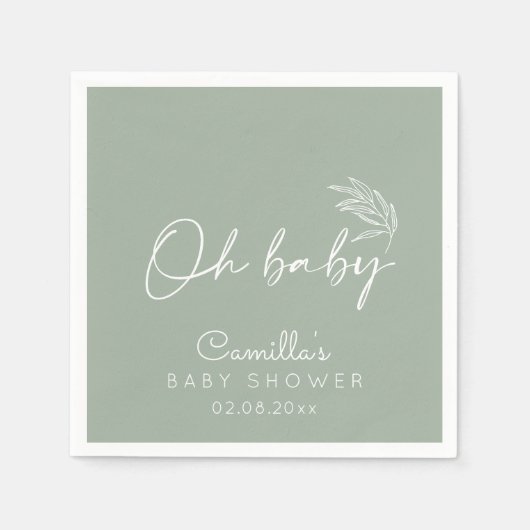 Serviette En Papier Oh Baby Sage Vert Baby shower moderne (Devant)