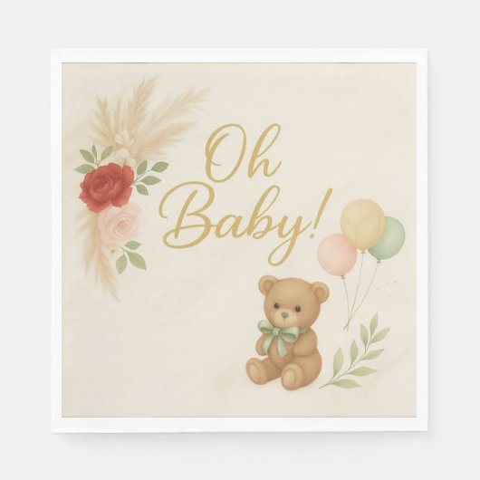 Serviette En Papier Oh Baby Shower Napkins with Teddy Bear & Pampas (Devant)