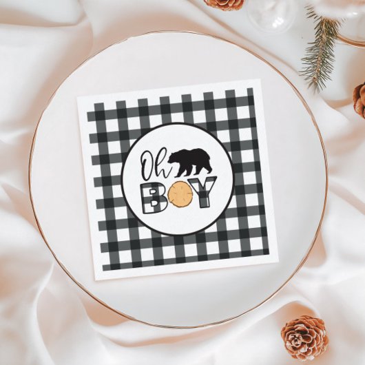 Serviette En Papier Oh Boy Bear noir Buffalo Plaid Baby shower