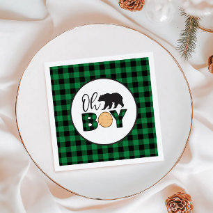 Serviette En Papier Oh Boy Bear vert Buffalo Plaid Baby shower