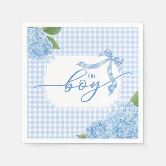 Serviette En Papier Oh Boy Blue Gingham Plaid Hydrangea Baby Shower Na (Devant)