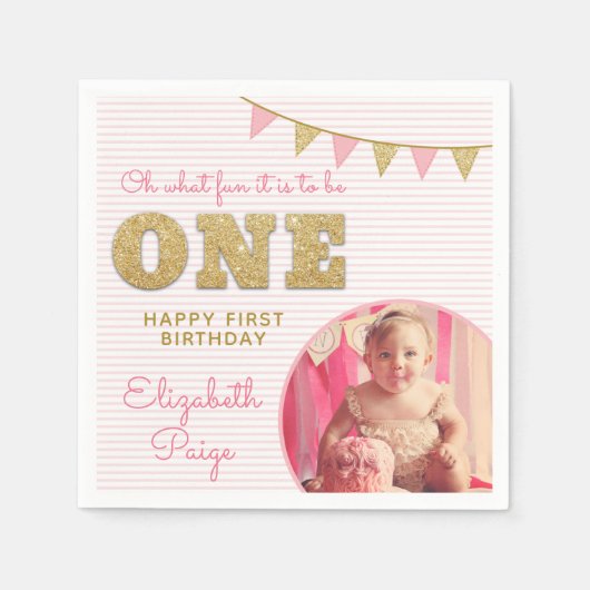 Serviette En Papier Oh What Fun to be ONE Pink & Gold First Birday (Devant)