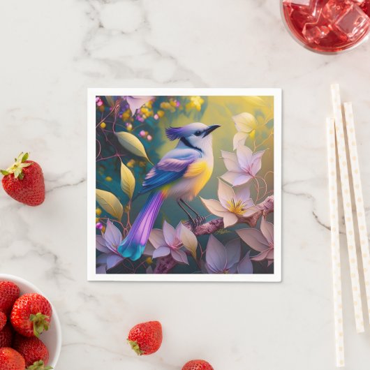 Serviette En Papier Oiseau à poitrine jaune violet (En situation)