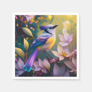 Serviette En Papier Oiseau à poitrine jaune violet