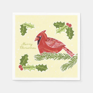 Serviette En Papier Oiseau cardinal de Joyeux Noël sur la branche ave