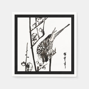 Serviette En Papier Oiseau japonais sur une branche - Noir et Blanc