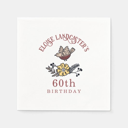 Serviette En Papier Oiseau mignon et fleurs Anniversaire personnalisé (Devant)