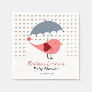 Serviette En Papier Oiseau sous parapluie Baby shower Coeurs pluviants