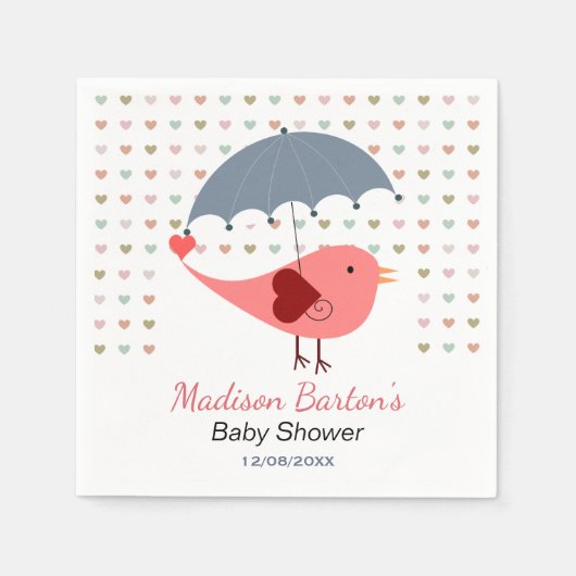 Serviette En Papier Oiseau sous parapluie Baby shower Coeurs pluviants (Devant)