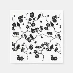 Serviette En Papier Oiseaux à motif noir et blanc sur fleurs de cerisi