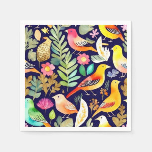 Serviette En Papier Oiseaux colorés motifs floraux décor bleu